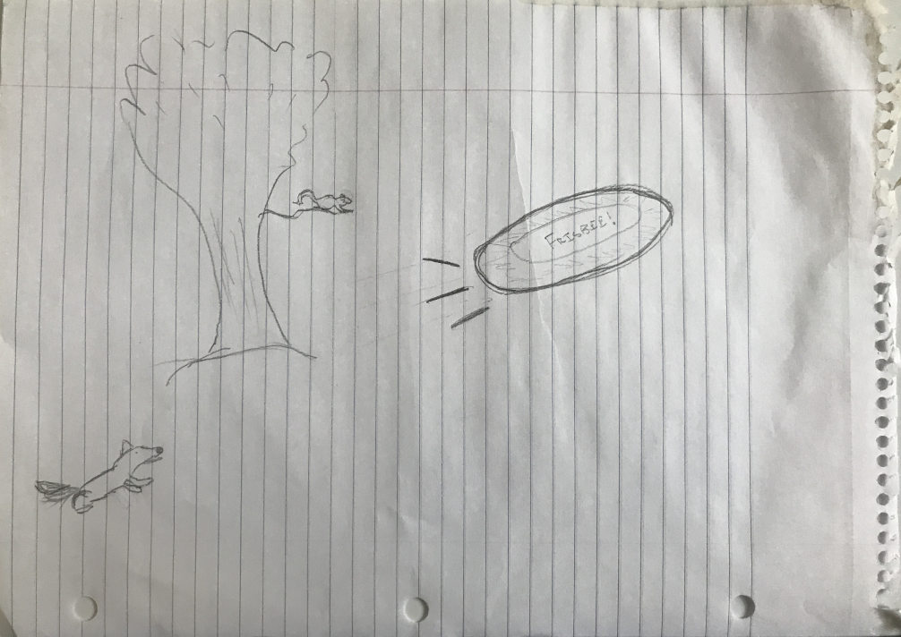crappy stick drawing of a dog chasing a frisbee.