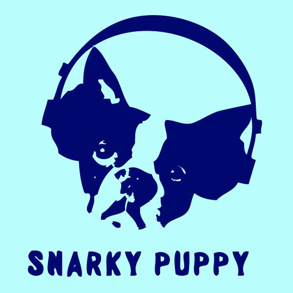 Dark blue stamp-like drawing of a cocked puppy dog head with very pointy ears, wearing headphones.