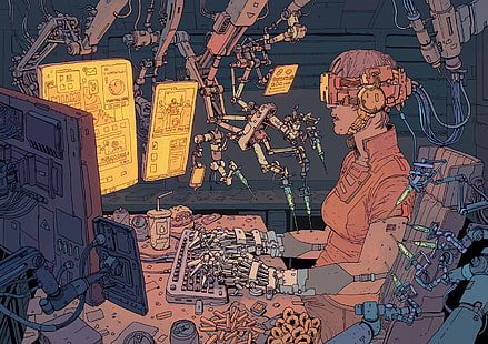 Cyberpunk themed, Half robot, half human typing at a computer desk while plugged in to various futuristic machinery.